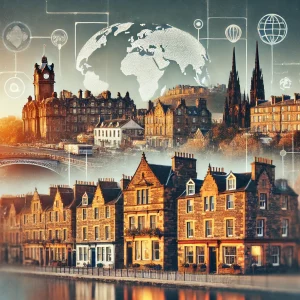 Edinburgh skyline with historic architecture and subtle world map elements, representing a family business with global ambitions.